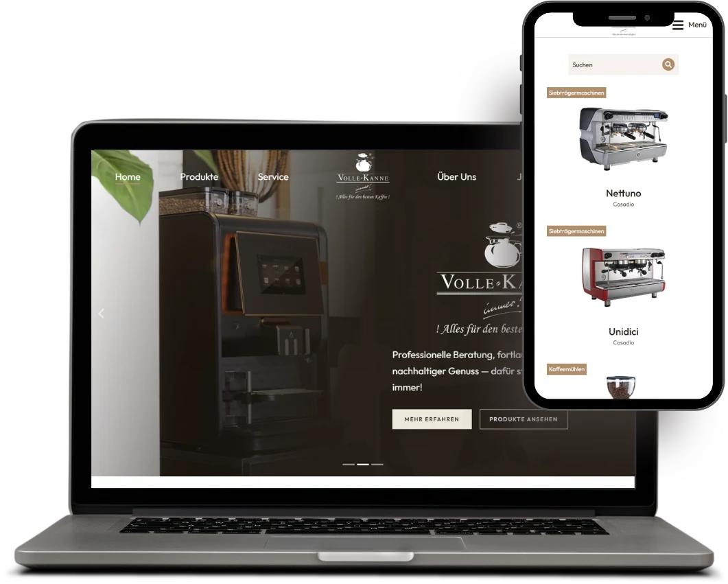 Website und Produktkatalog von Volle Kanne immer! auf Laptop und Smartphone